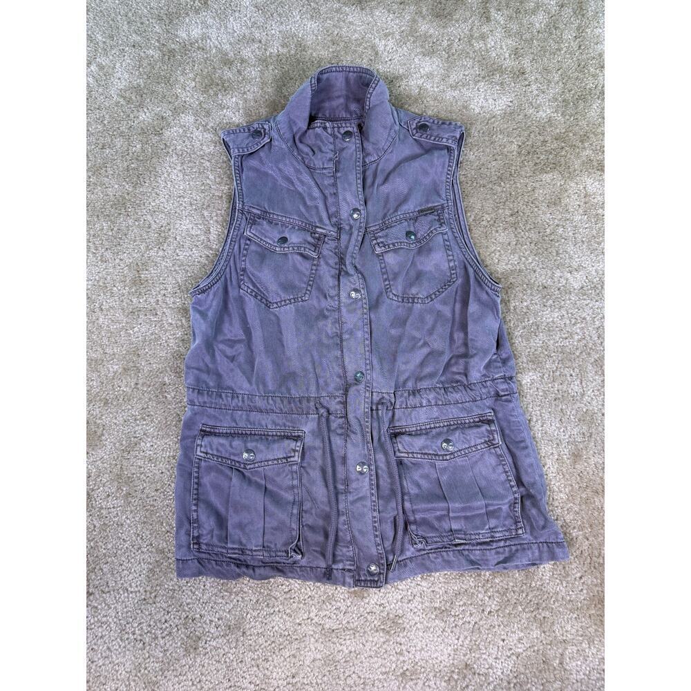 Max Jeans Vest Womens Sz S Grey Army Zipper Snaps Pockets Sleeveless E251